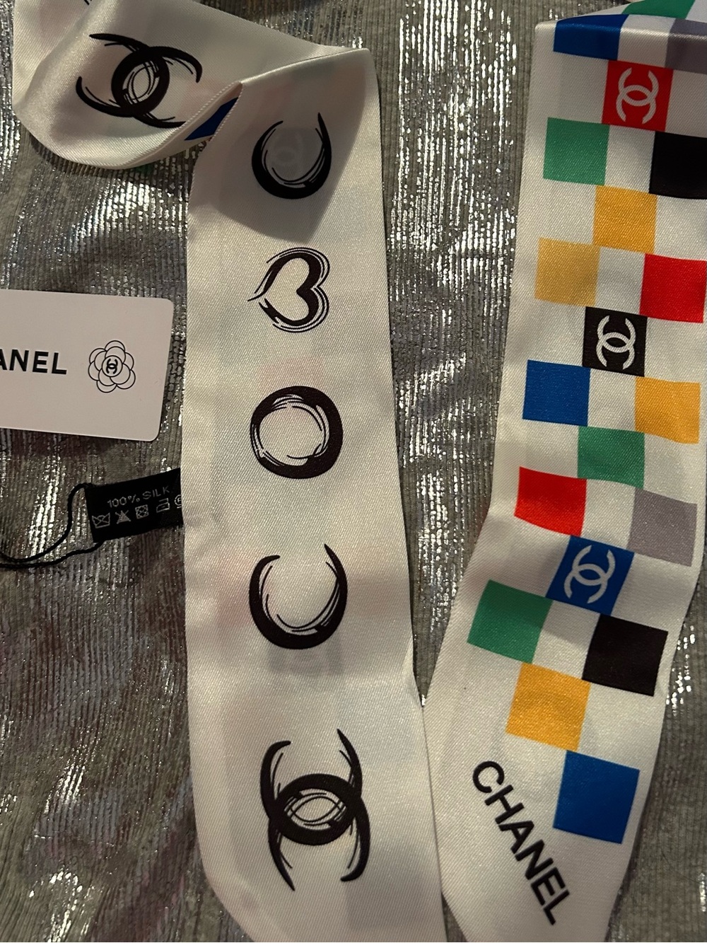 CC Classy White 100% Silk Logo Print Twilly Scarf